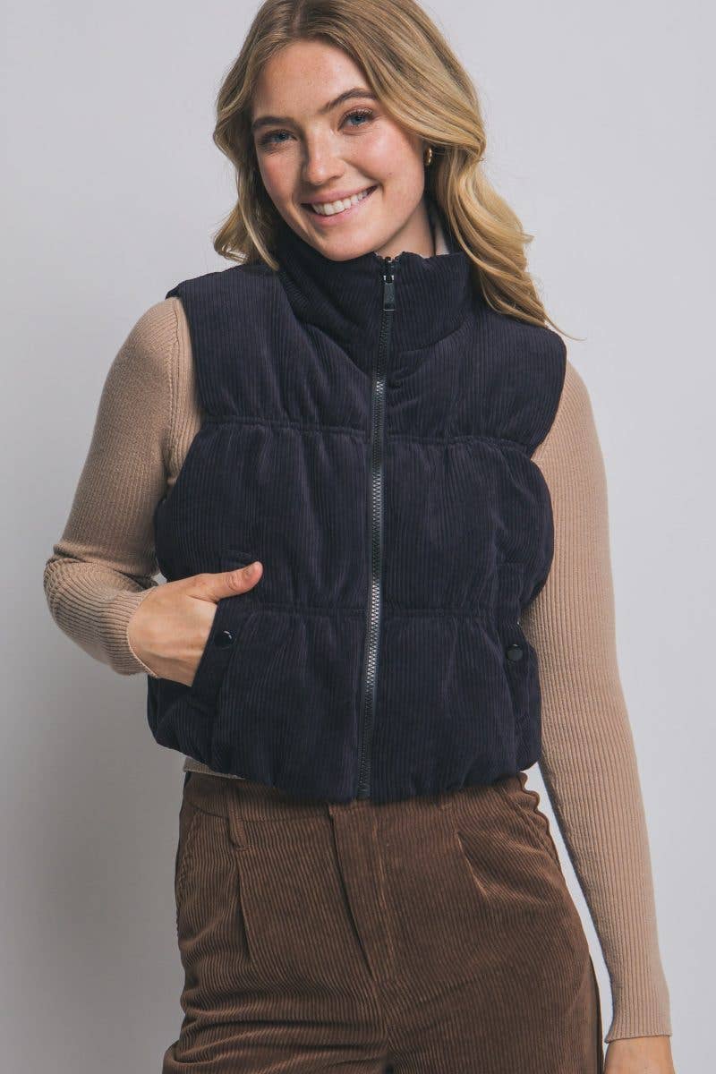 Vanilla Monkey Reversible Cropped Corduroy Puffer Western Vest — Two-Sided Designs with Zip-Up Closure (black available) - Rooted & Reckless Co.