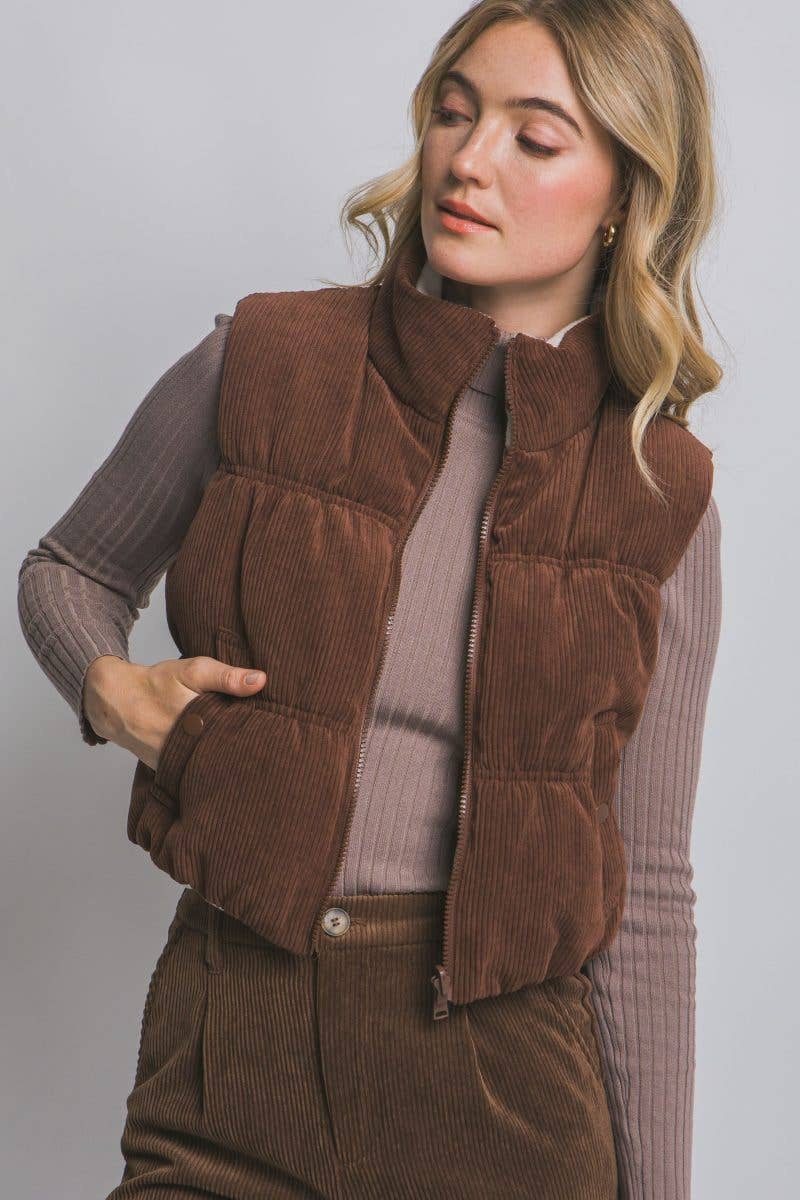Vanilla Monkey Reversible Cropped Corduroy Puffer Western Vest — Two-Sided Designs with Zip-Up Closure (black available) - Rooted & Reckless Co.