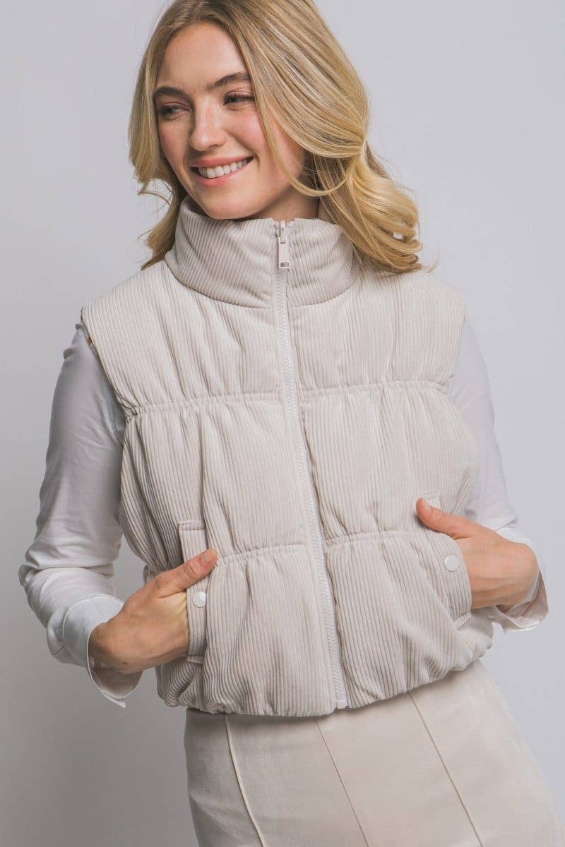 Vanilla Monkey Reversible Cropped Corduroy Puffer Western Vest — Two-Sided Designs with Zip-Up Closure (black available) - Rooted & Reckless Co.