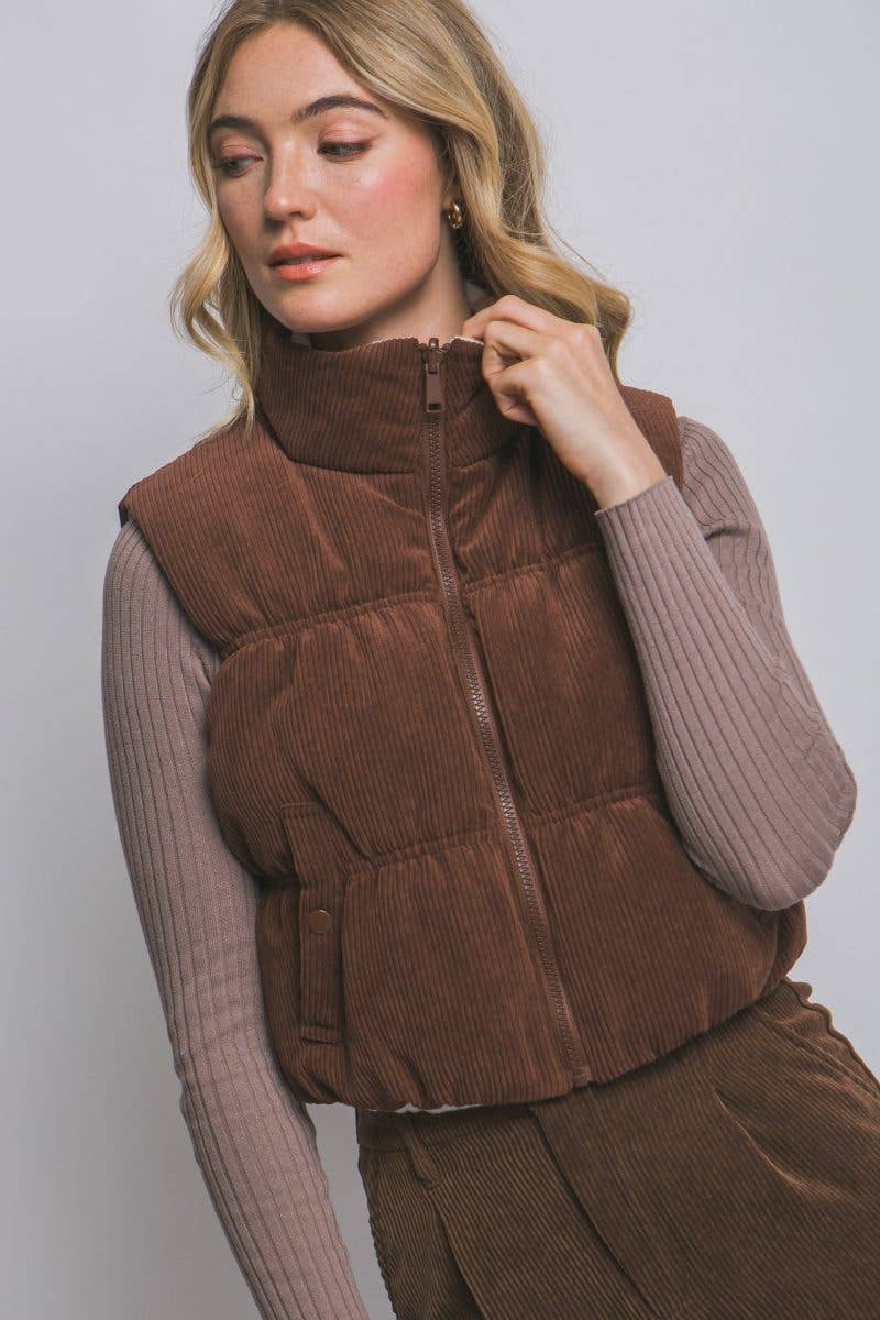 Vanilla Monkey Reversible Cropped Corduroy Puffer Western Vest — Two-Sided Designs with Zip-Up Closure (black available) - Rooted & Reckless Co.
