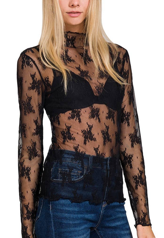 Vanilla Monkey Western Sheer Lace Long Sleeve Layering Top — Floral Lace Stretch Blend (4 Color Choices) - Rooted & Reckless Co.