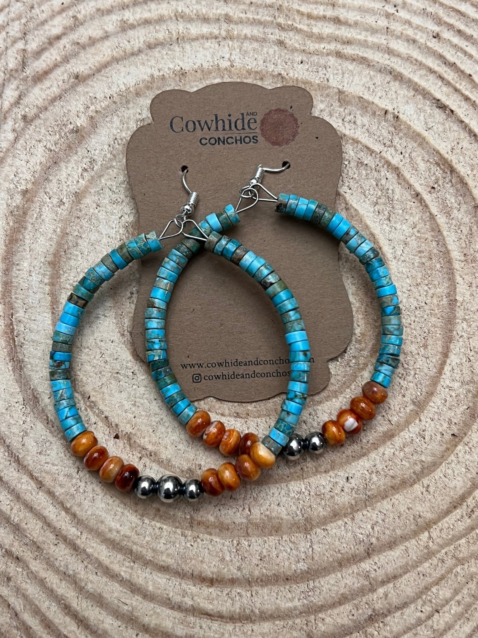 Variscite Turquoise & Spiny Oyster 2.25” Statement Hoop Earrings with Sterling Pearl - Rooted & Reckless Co.