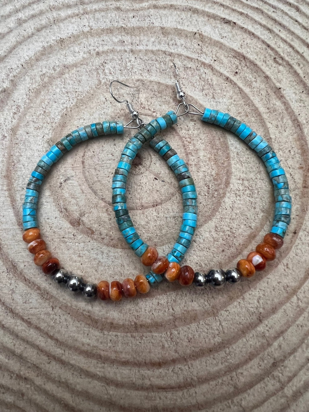 Variscite Turquoise & Spiny Oyster 2.25” Statement Hoop Earrings with Sterling Pearl - Rooted & Reckless Co.