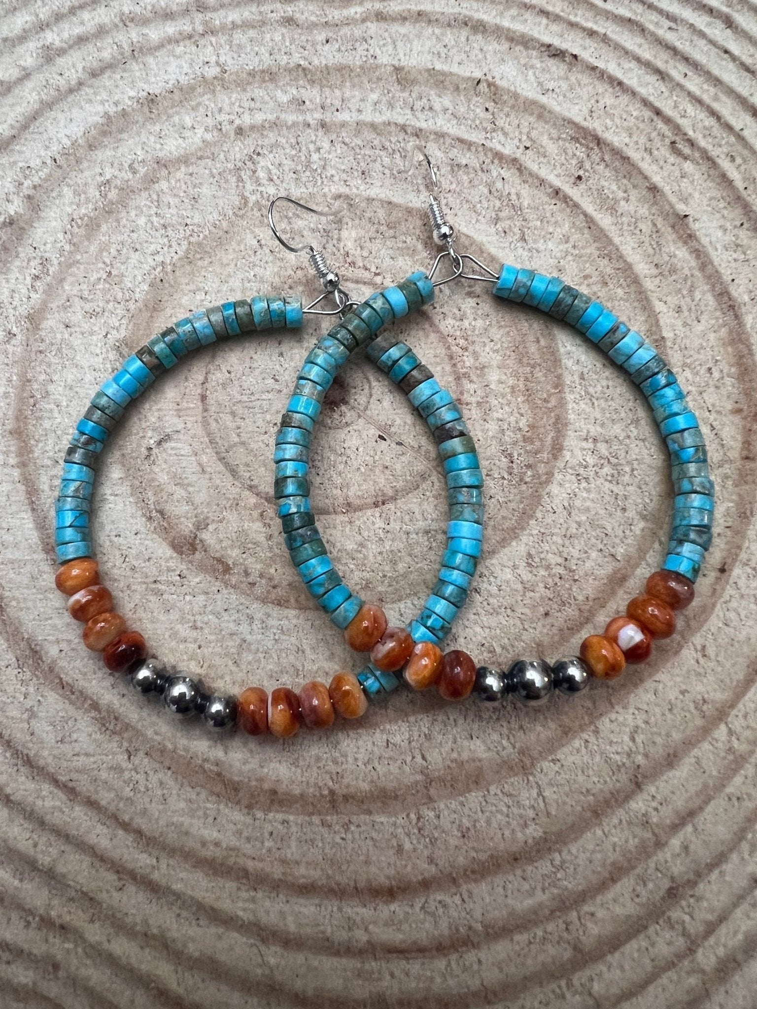 Variscite Turquoise & Spiny Oyster 2.25” Statement Hoop Earrings with Sterling Pearl - Rooted & Reckless Co.