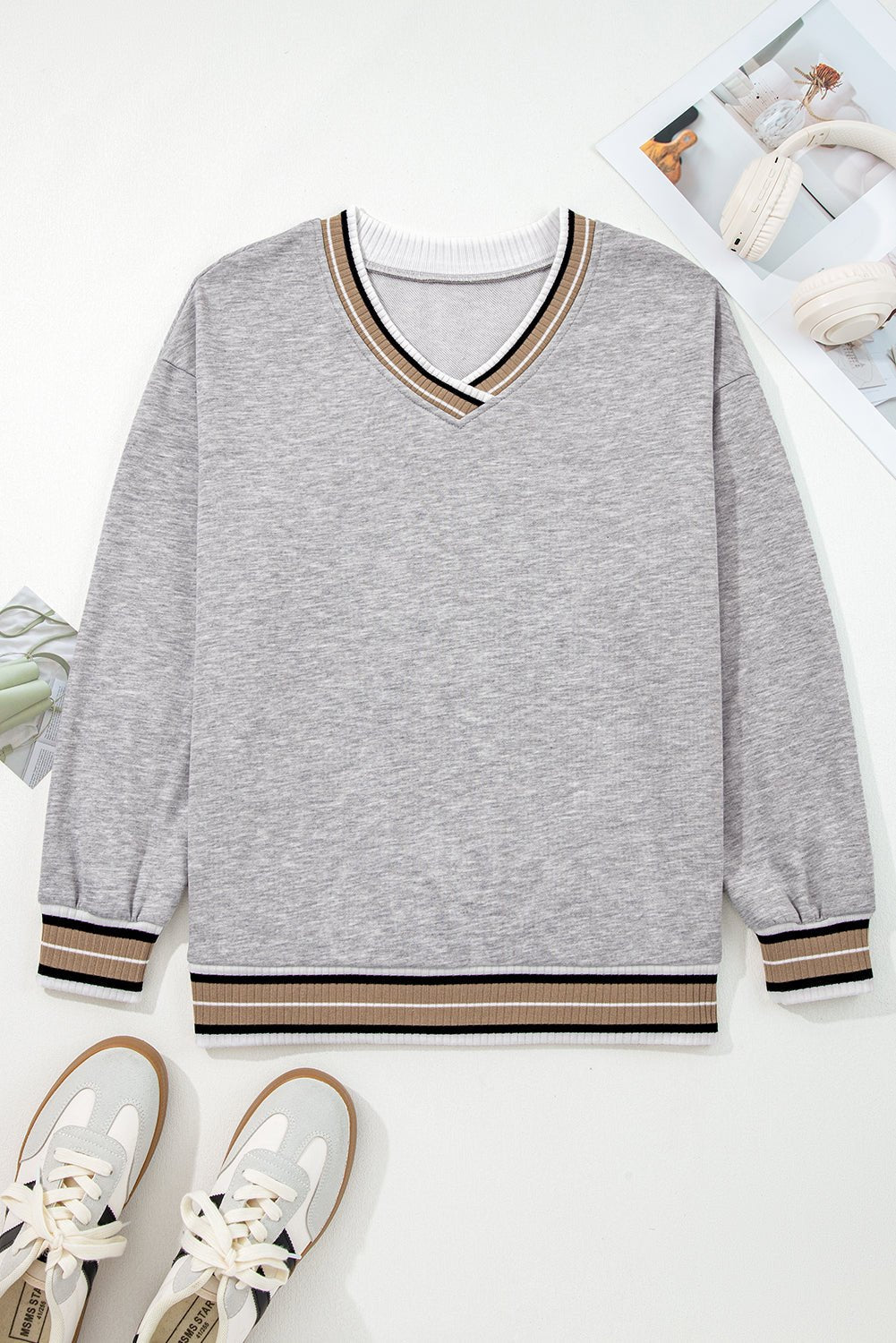 Varsity Contrast Stripe Trim V-Neck Sweatshirt - Rooted & Reckless Co.