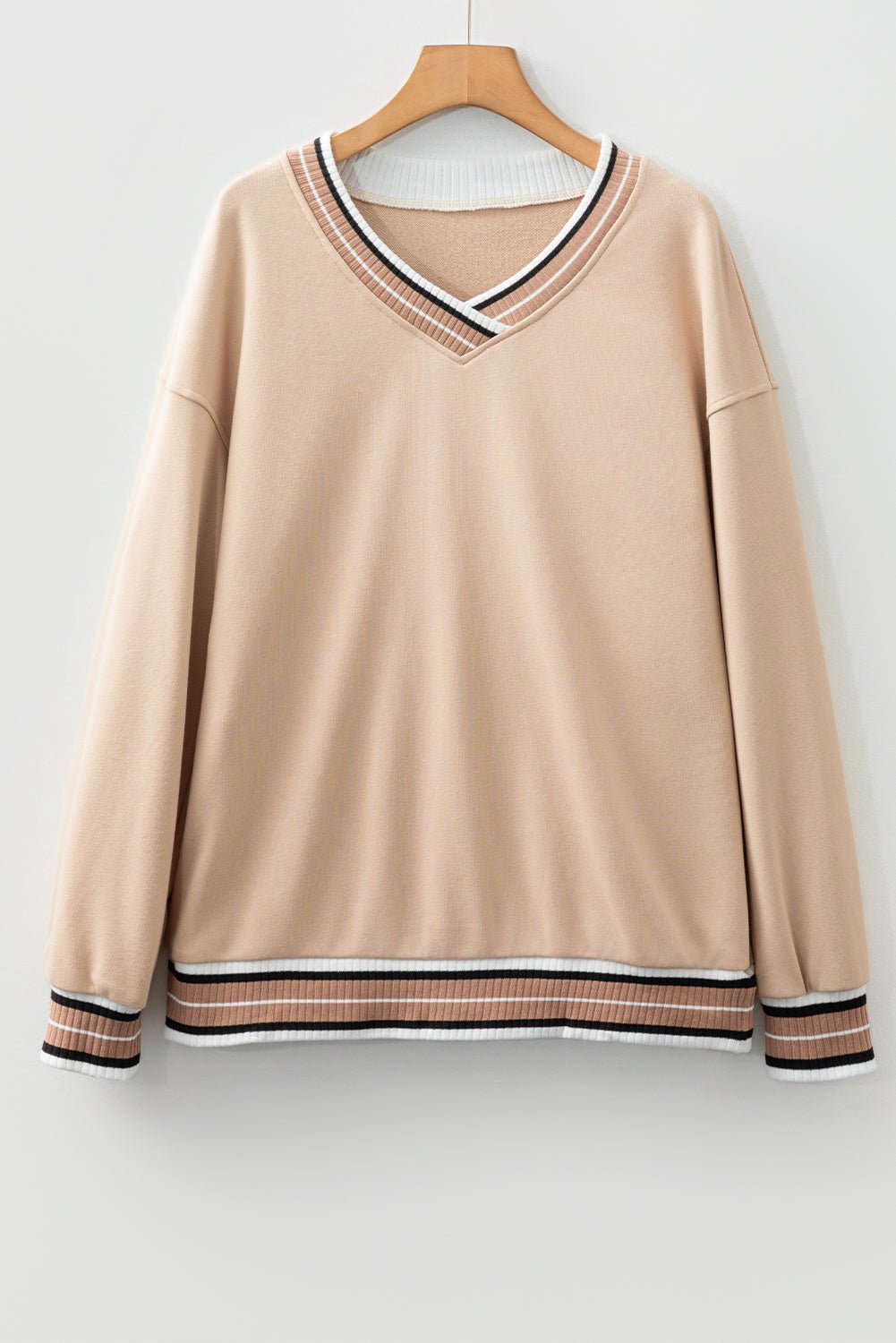 Varsity Contrast Stripe Trim V-Neck Sweatshirt - Rooted & Reckless Co.