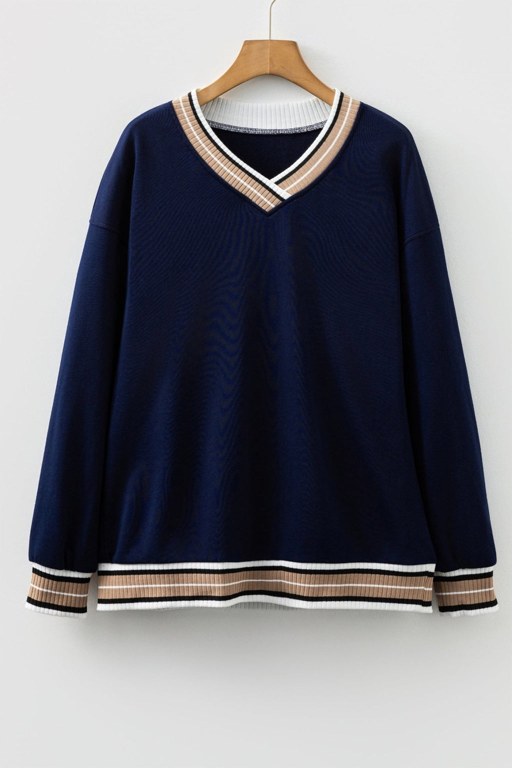 Varsity Contrast Stripe Trim V-Neck Sweatshirt - Rooted & Reckless Co.