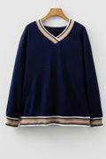 Varsity Contrast Stripe Trim V-Neck Sweatshirt - Rooted & Reckless Co.