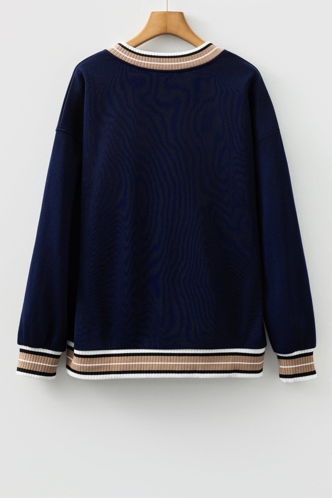 Varsity Contrast Stripe Trim V-Neck Sweatshirt - Rooted & Reckless Co.