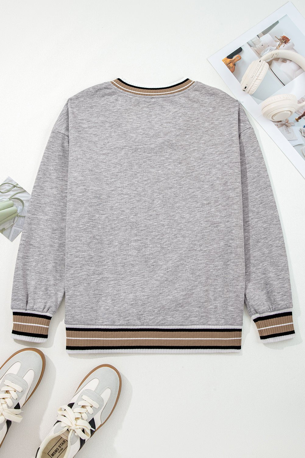 Varsity Contrast Stripe Trim V-Neck Sweatshirt - Rooted & Reckless Co.