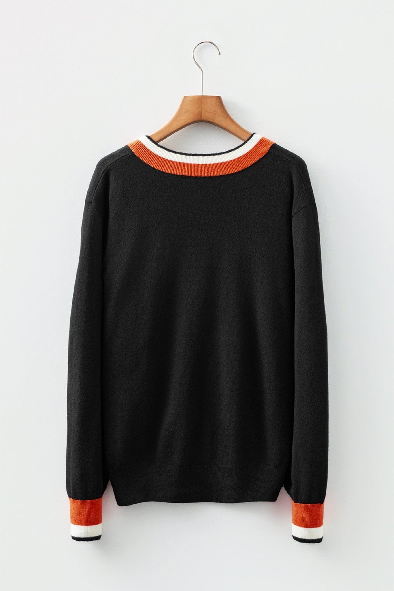 Varsity Stripe Contrast Trim V-Neck Sweater - Rooted & Reckless Co.