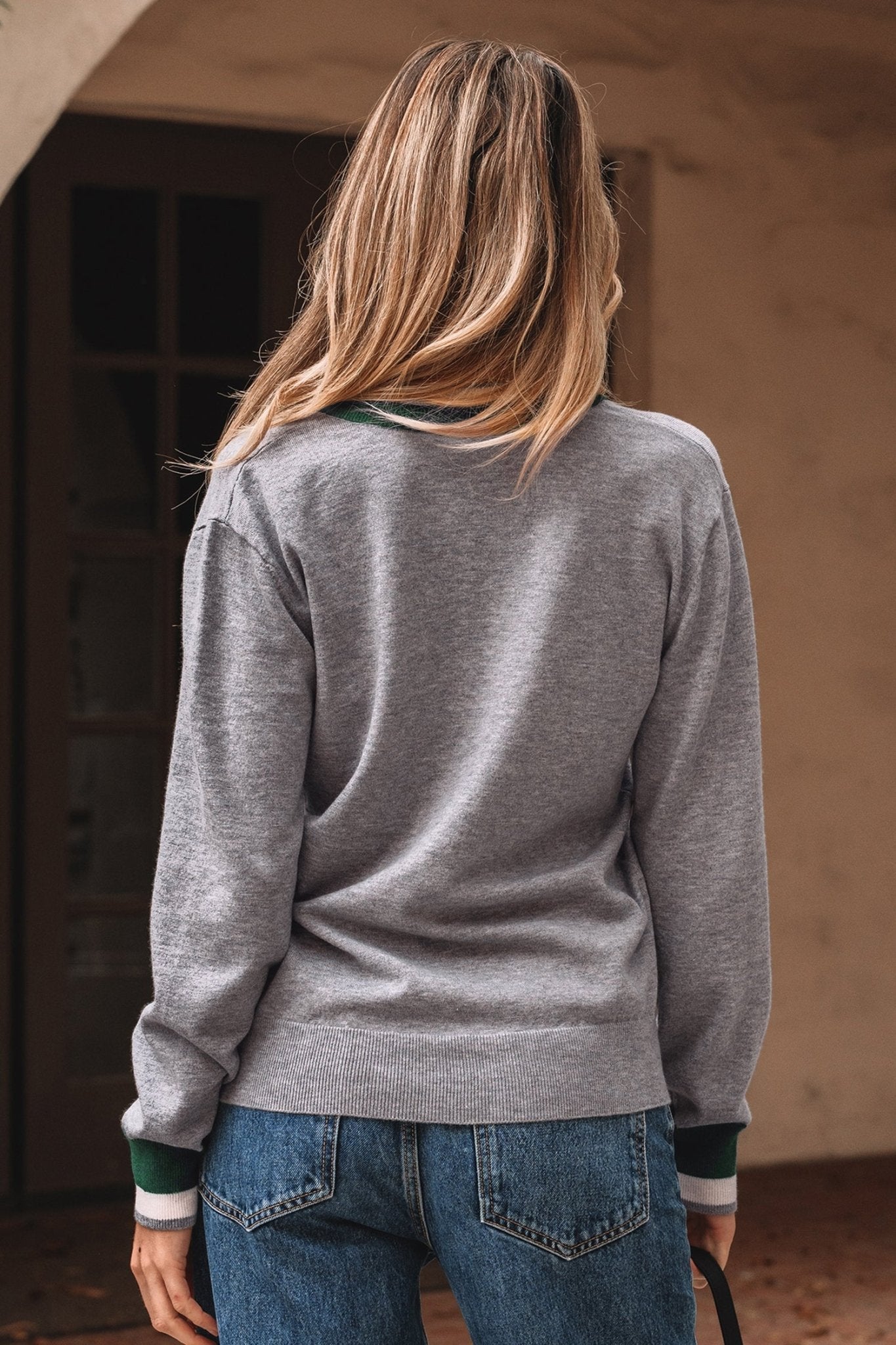 Varsity Stripe Contrast Trim V-Neck Sweater - Rooted & Reckless Co.