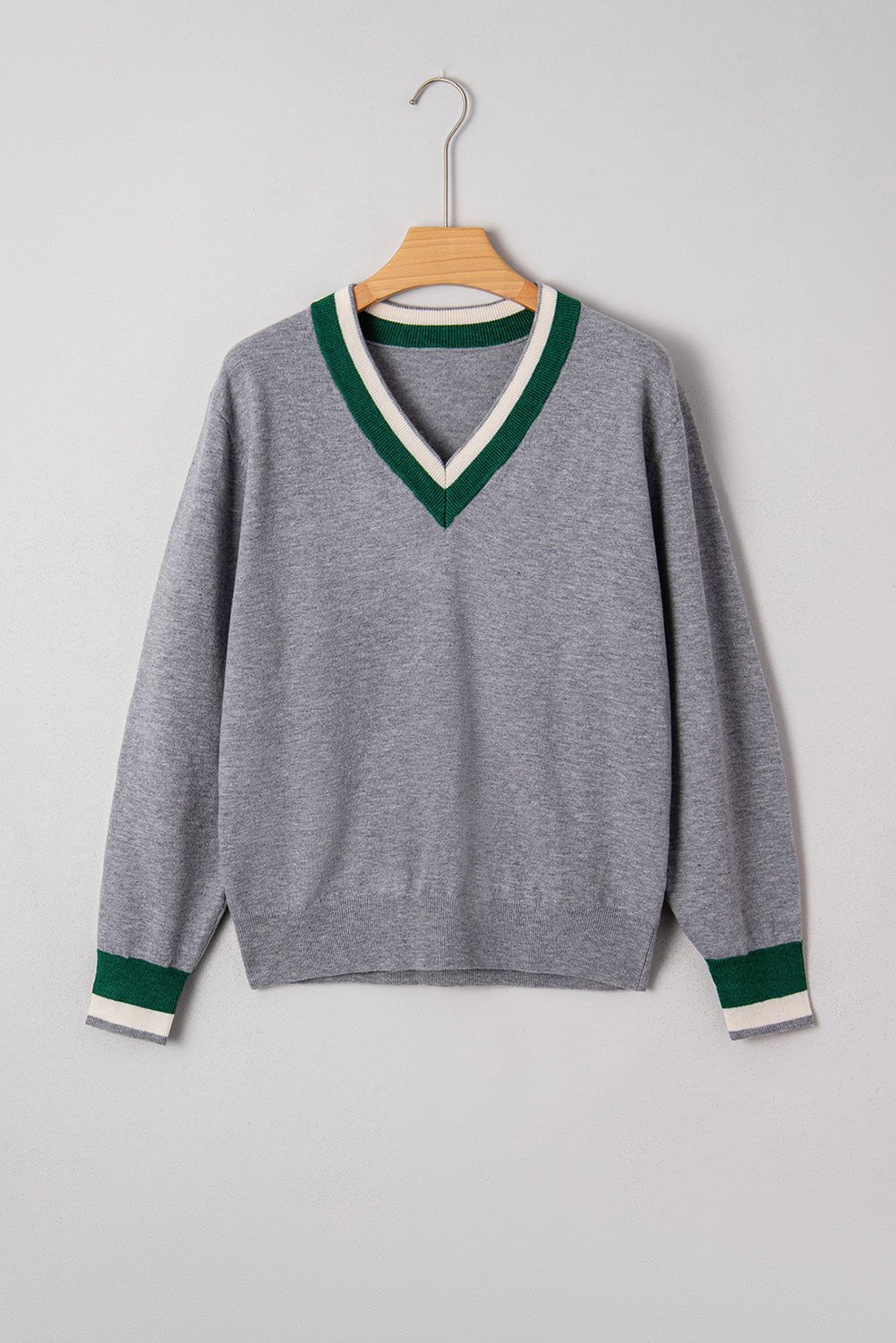 Varsity Stripe Contrast Trim V-Neck Sweater - Rooted & Reckless Co.