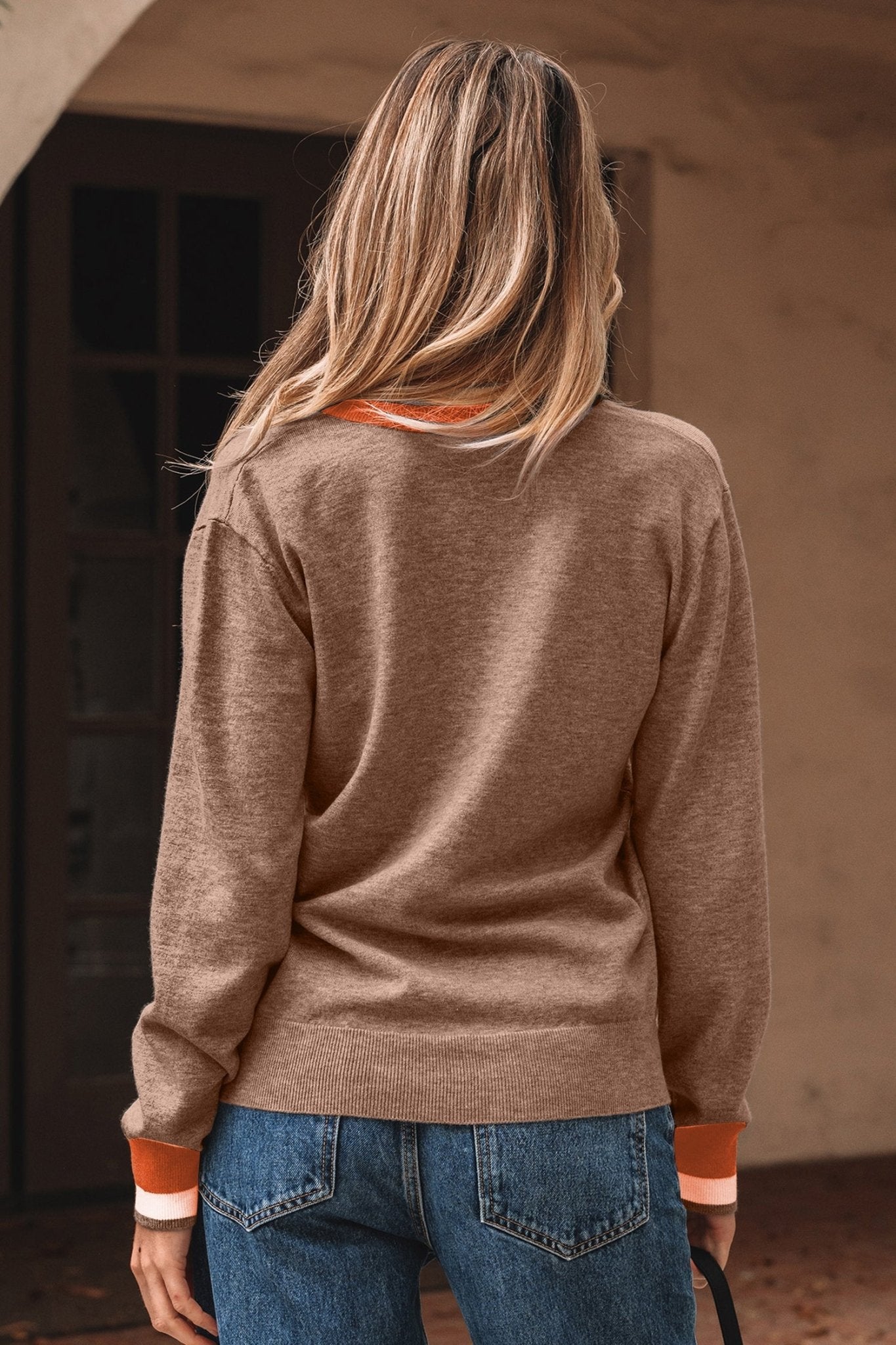 Varsity Stripe Contrast Trim V-Neck Sweater - Rooted & Reckless Co.