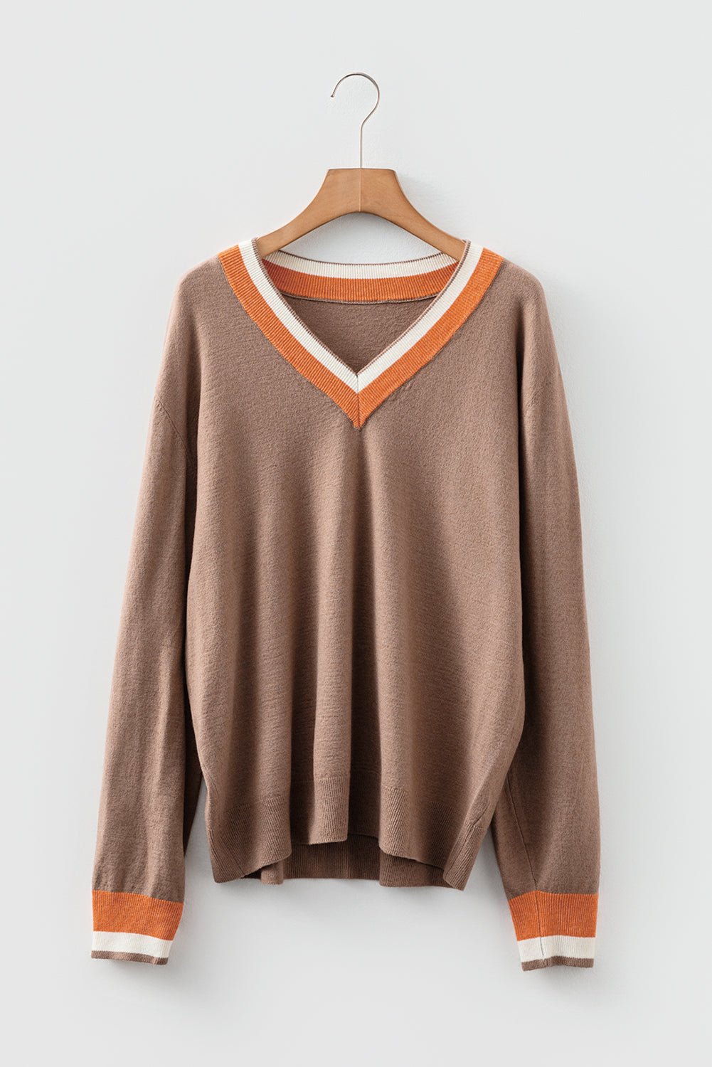 Varsity Stripe Contrast Trim V-Neck Sweater - Rooted & Reckless Co.