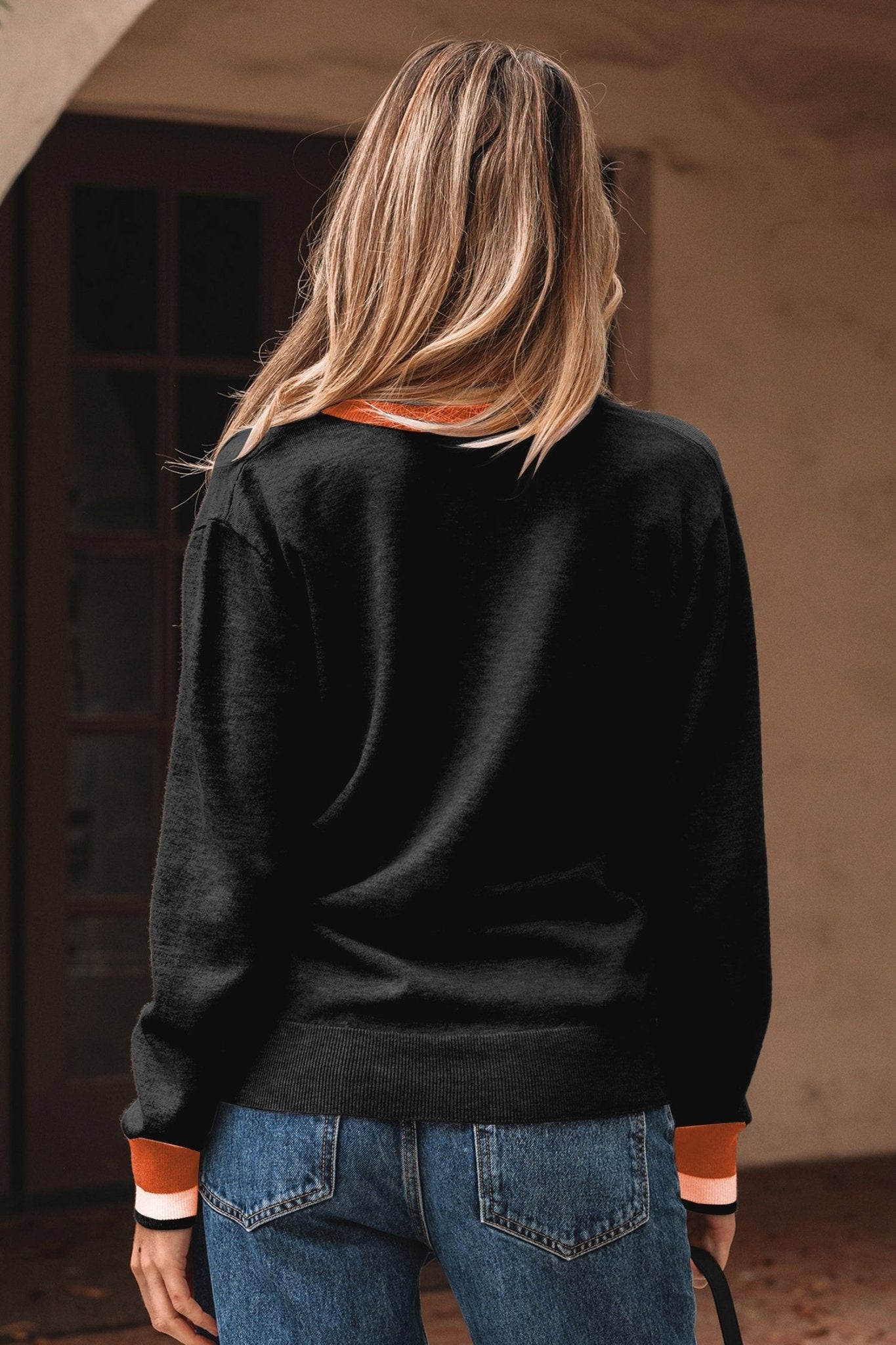 Varsity Stripe Contrast Trim V-Neck Sweater - Rooted & Reckless Co.