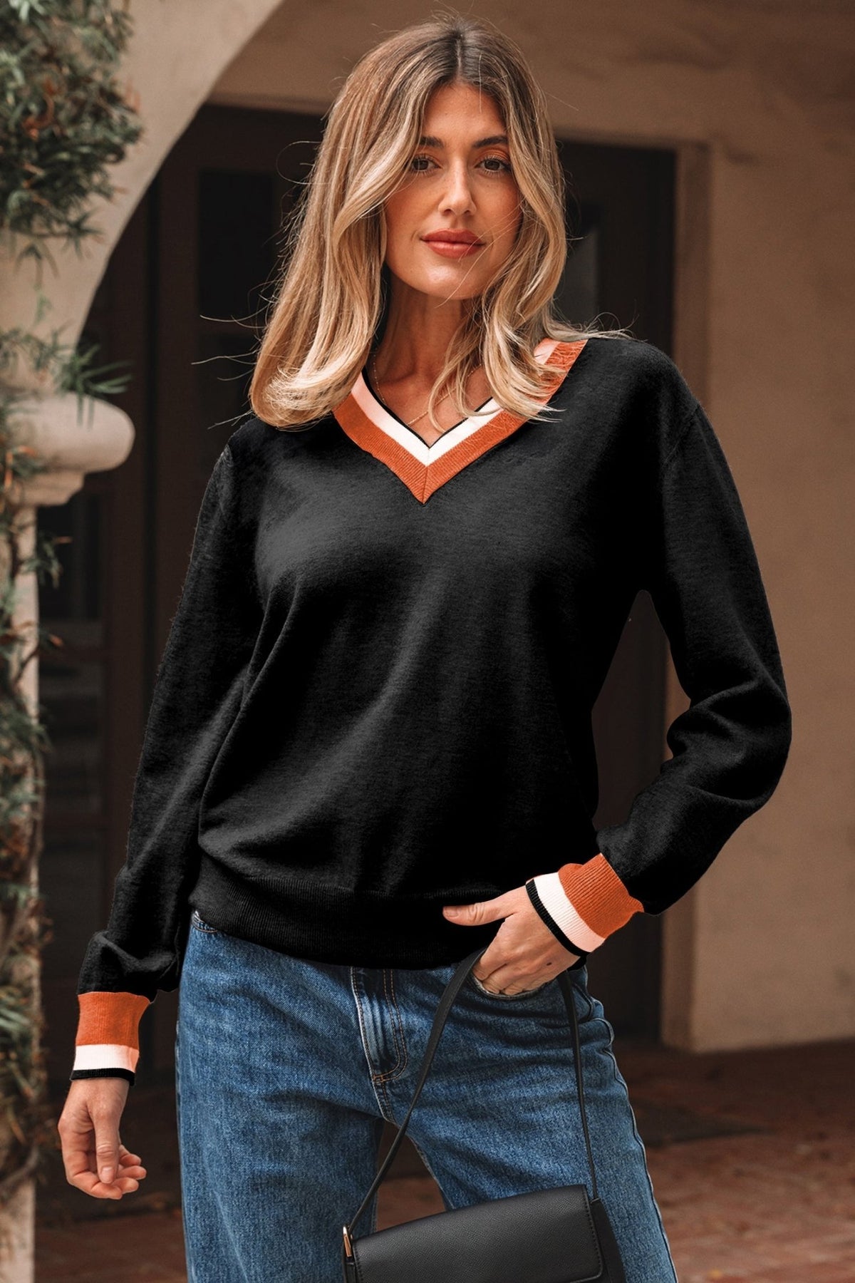 Varsity Stripe Contrast Trim V-Neck Sweater - Rooted & Reckless Co.