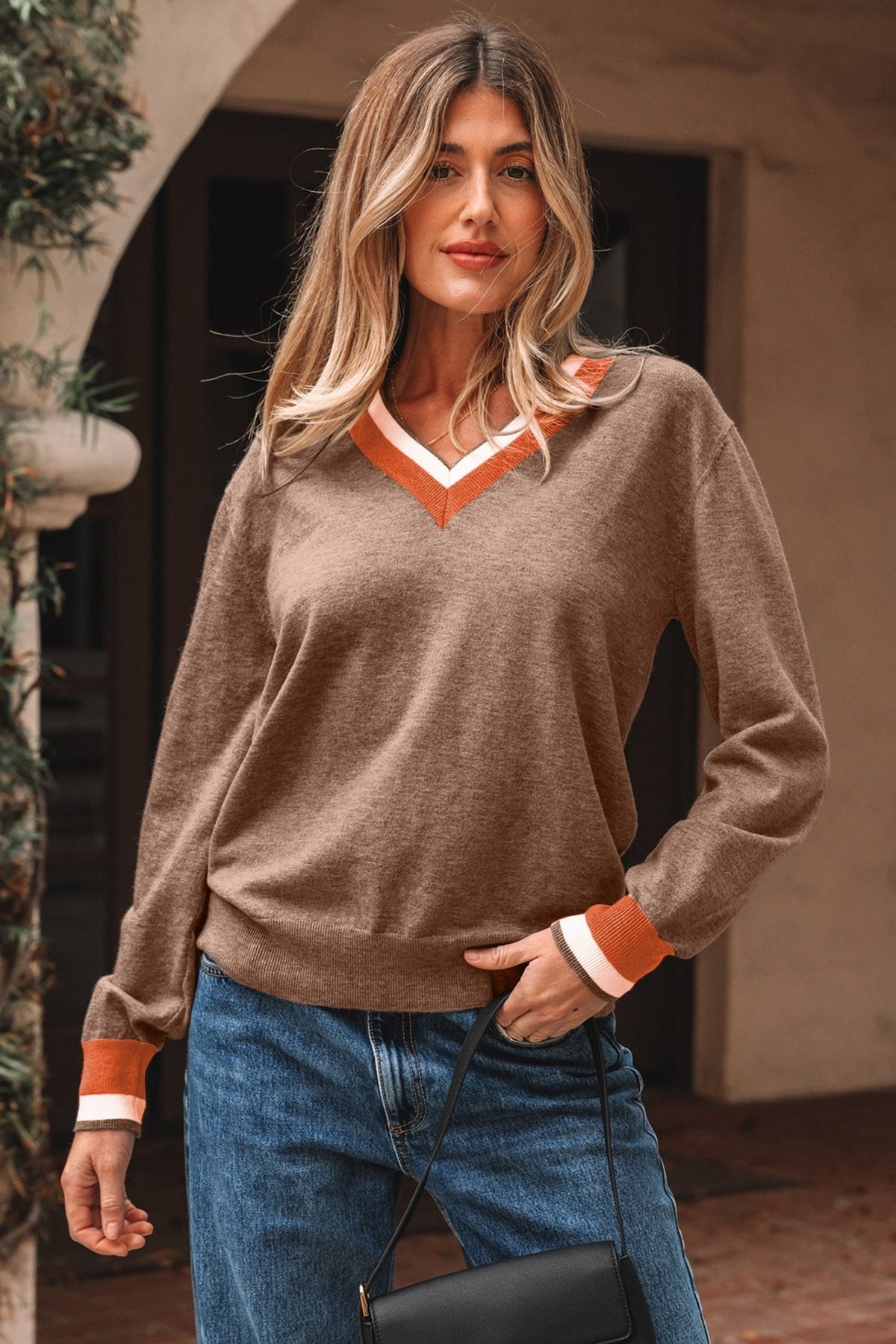 Varsity Stripe Contrast Trim V-Neck Sweater - Rooted & Reckless Co.