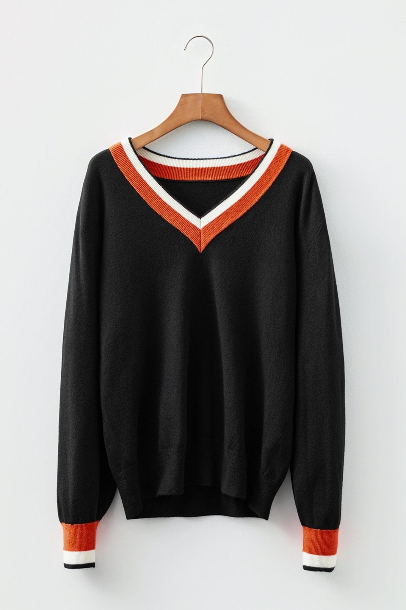 Varsity Stripe Contrast Trim V-Neck Sweater - Rooted & Reckless Co.