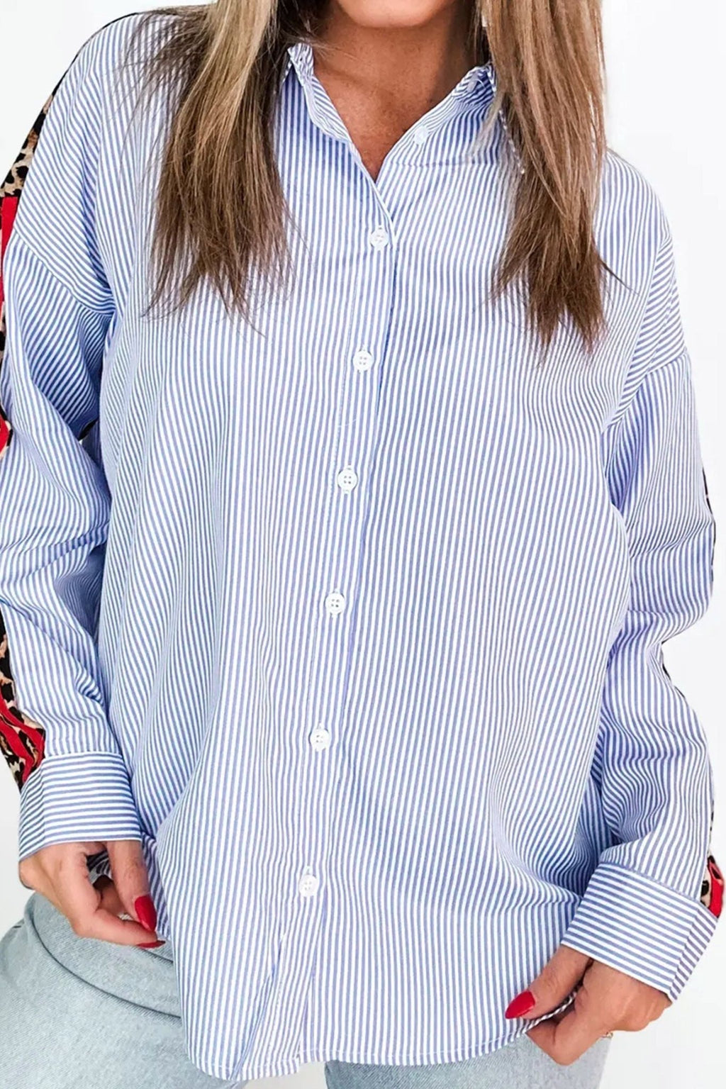 Varsity Stripe Leopard Patchwork Button Down Shirt - Rooted & Reckless Co.
