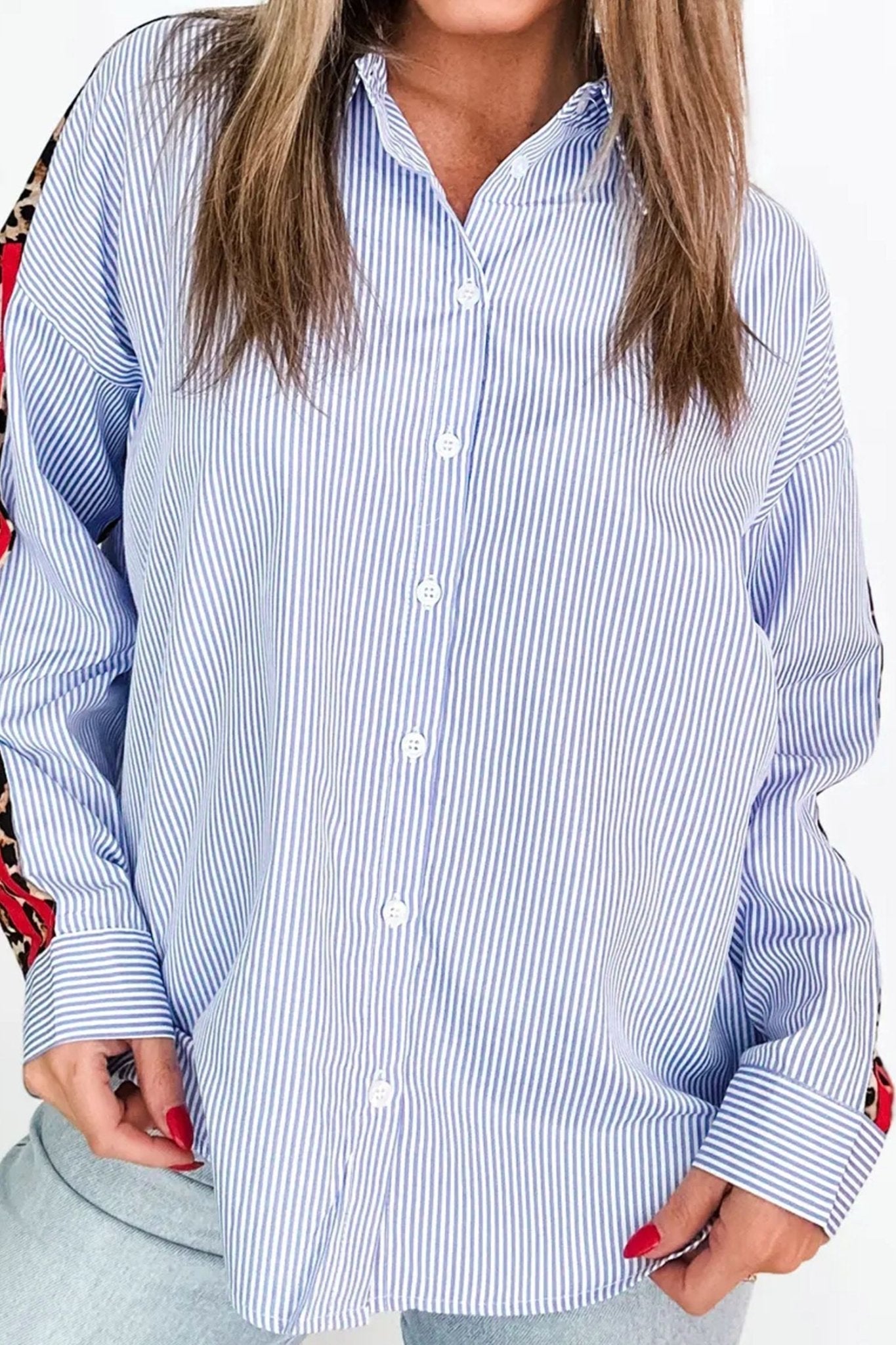 Varsity Stripe Leopard Patchwork Button Down Shirt - Rooted & Reckless Co.
