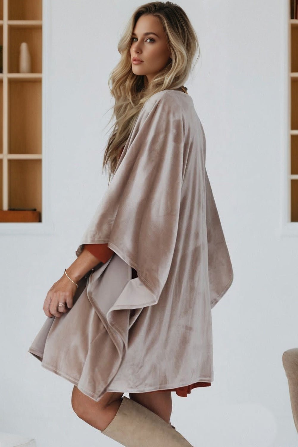 Velvet 3/4 Sleeve Open Front Kimono - Rooted & Reckless Co.