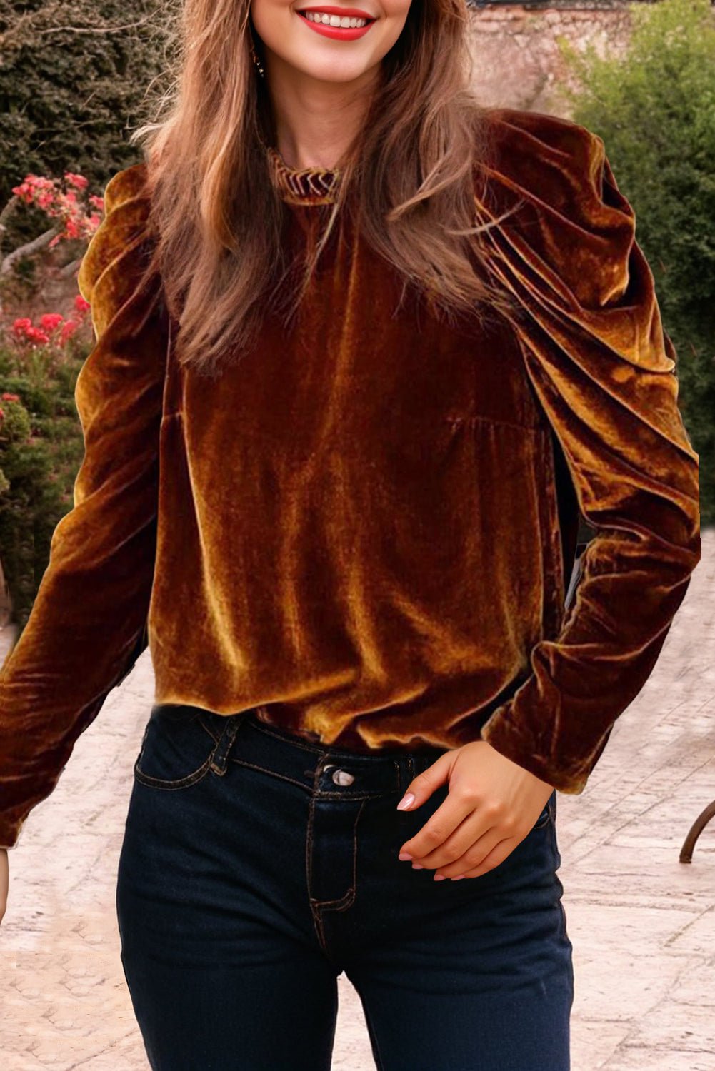 Velvet Frilled Neck Puff Sleeve Top - Rooted & Reckless Co.