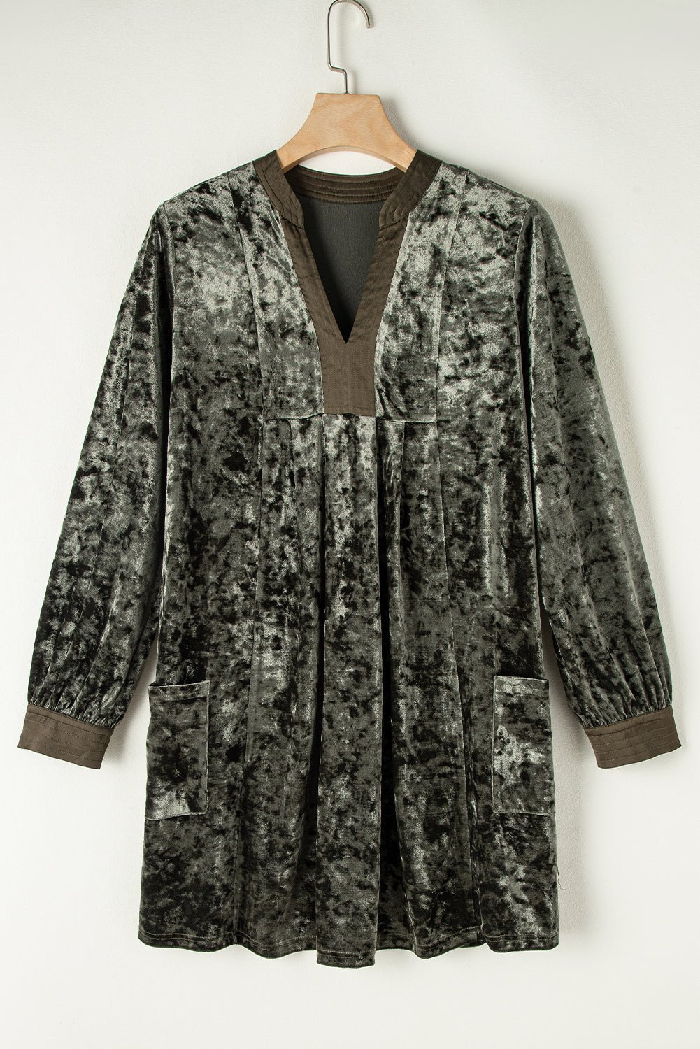 Velvet Long Sleeve V-Neck Side Pocket Dress - Rooted & Reckless Co.