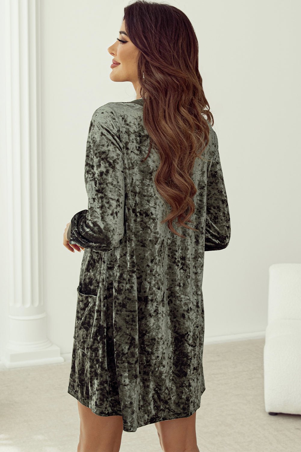 Velvet Long Sleeve V-Neck Side Pocket Dress - Rooted & Reckless Co.