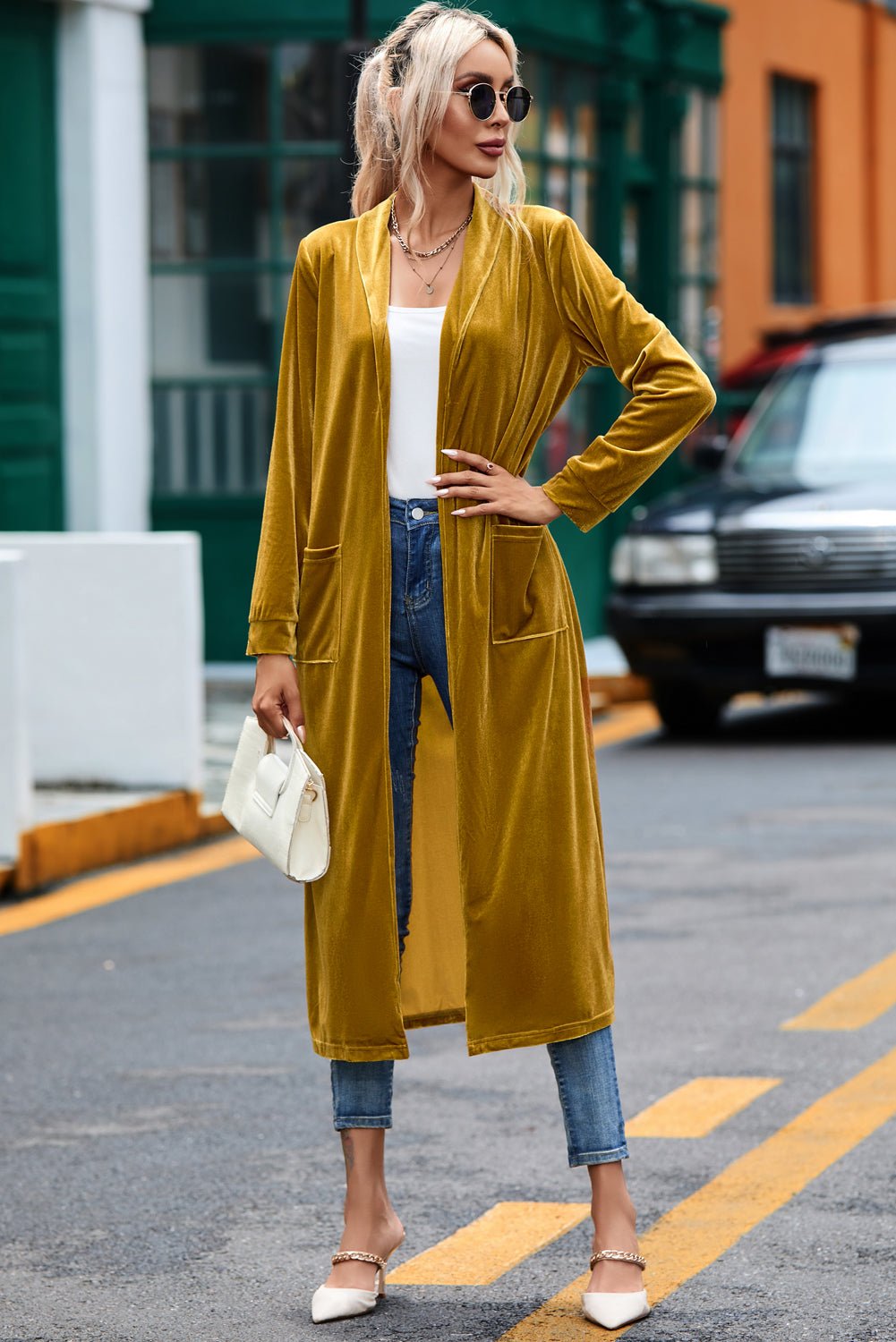 Velvet Open-Front Pocketed Cardigan - Rooted & Reckless Co.