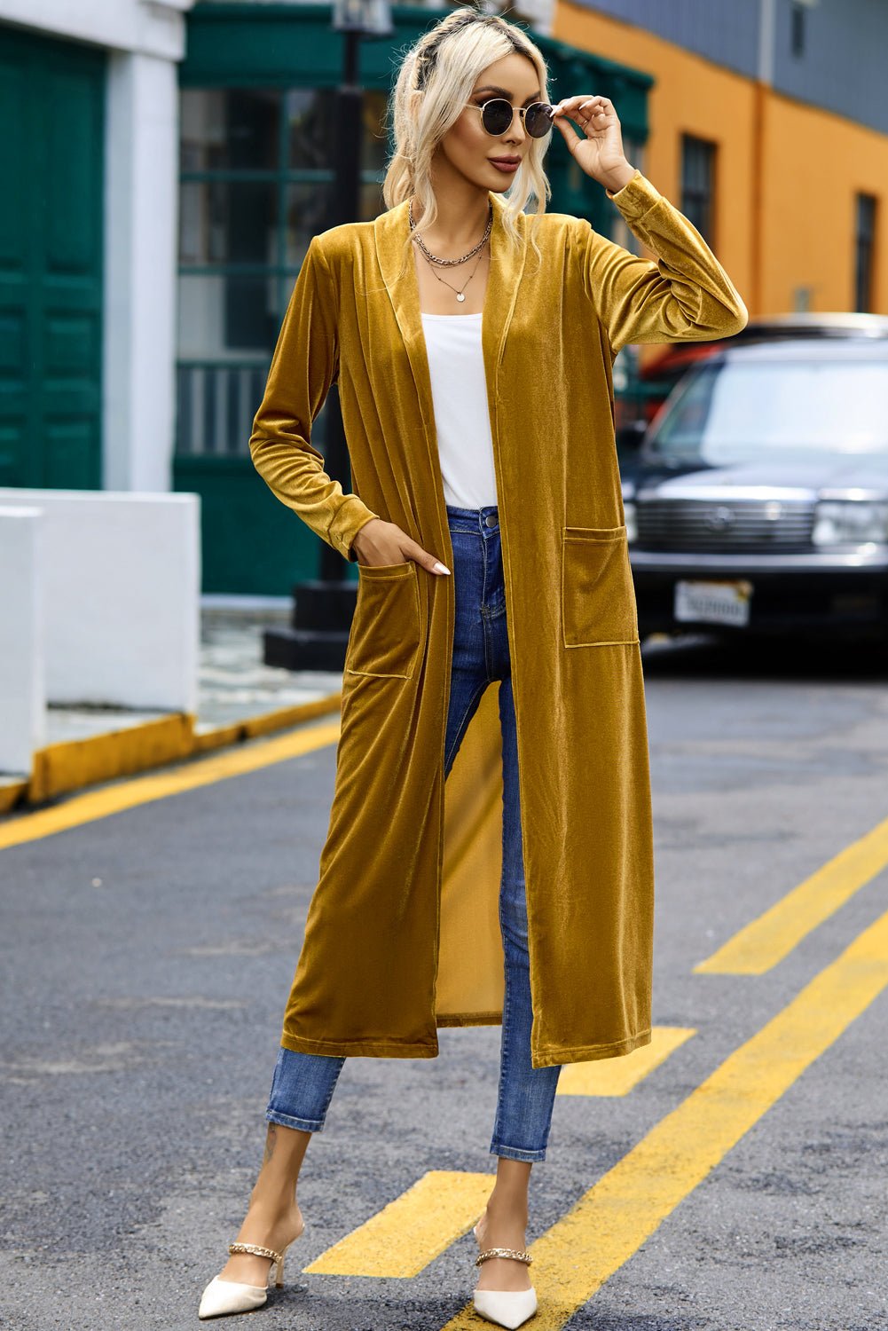 Velvet Open-Front Pocketed Cardigan - Rooted & Reckless Co.