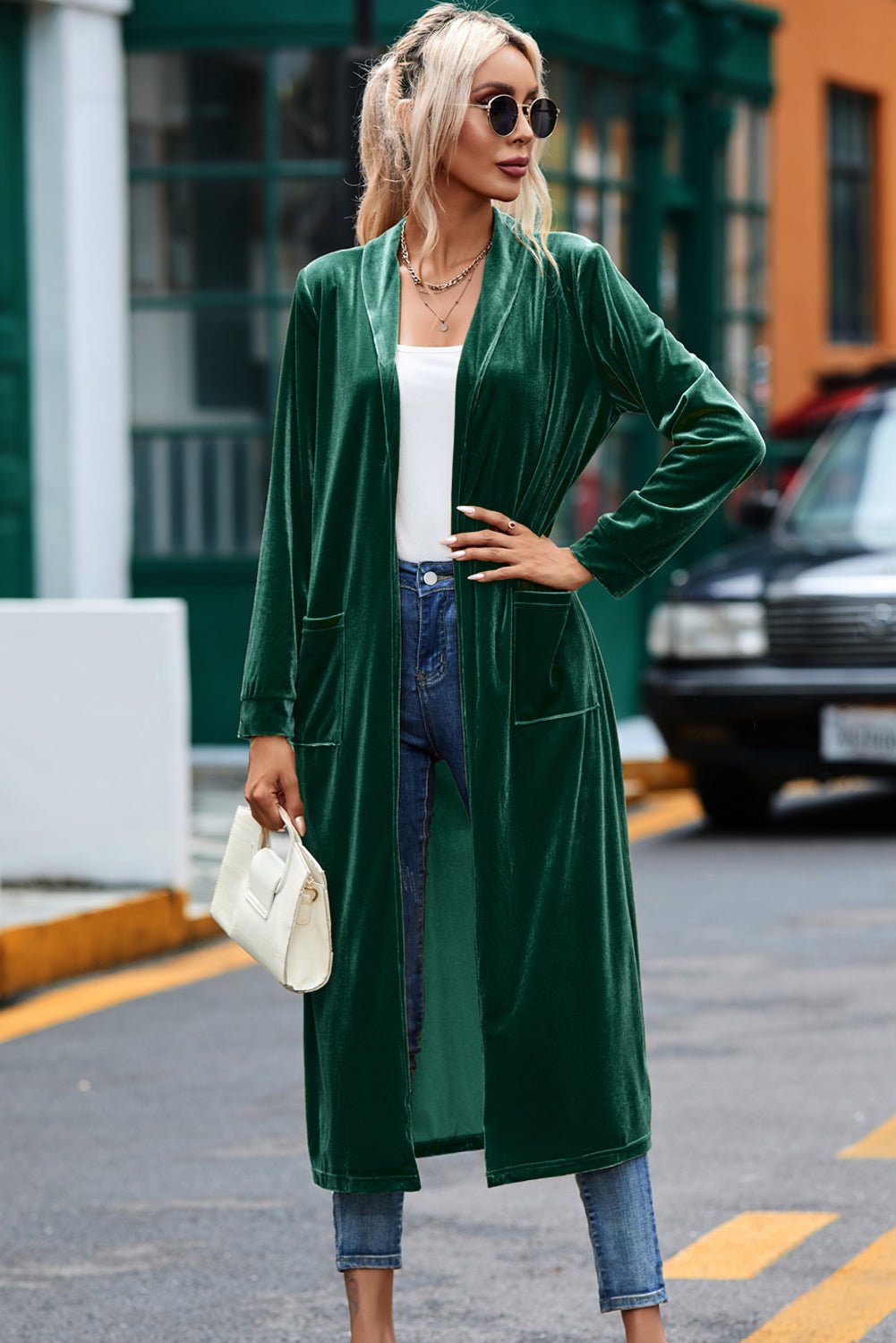 Velvet Open-Front Pocketed Cardigan - Rooted & Reckless Co.