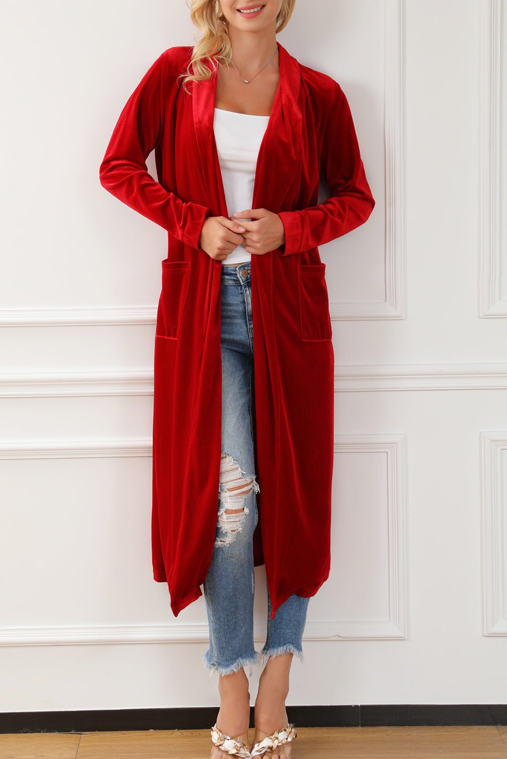 Velvet Open-Front Pocketed Cardigan - Rooted & Reckless Co.