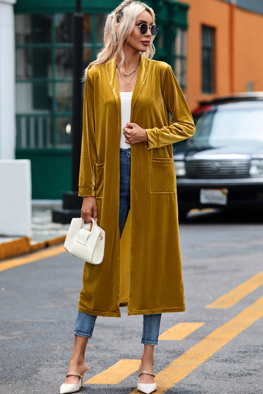 Velvet Open-Front Pocketed Cardigan - Rooted & Reckless Co.