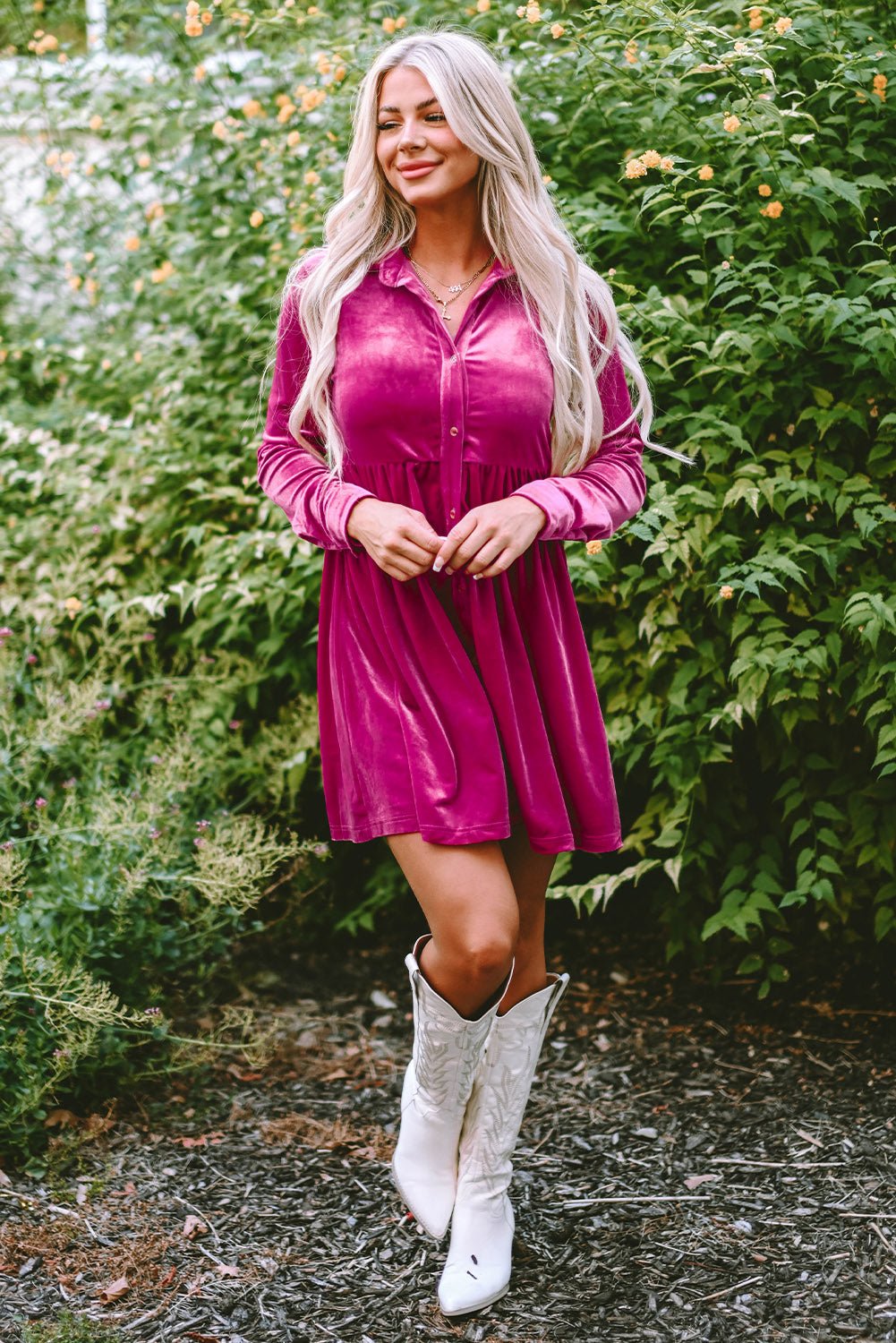 Velvet Ruffle Buttoned Long Sleeve Dress - Rooted & Reckless Co.