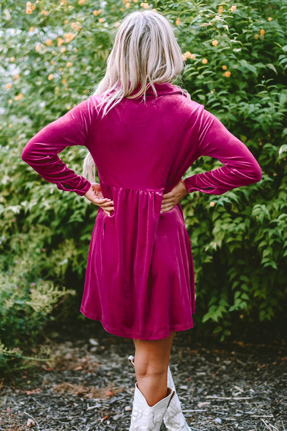 Velvet Ruffle Buttoned Long Sleeve Dress - Rooted & Reckless Co.