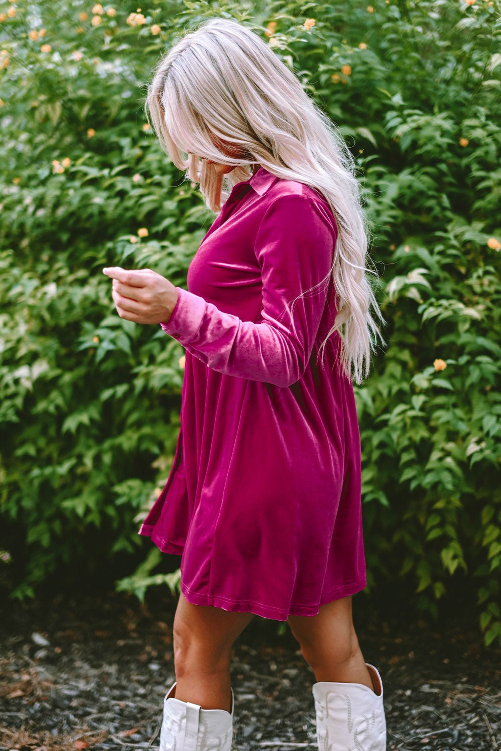 Velvet Ruffle Buttoned Long Sleeve Dress - Rooted & Reckless Co.