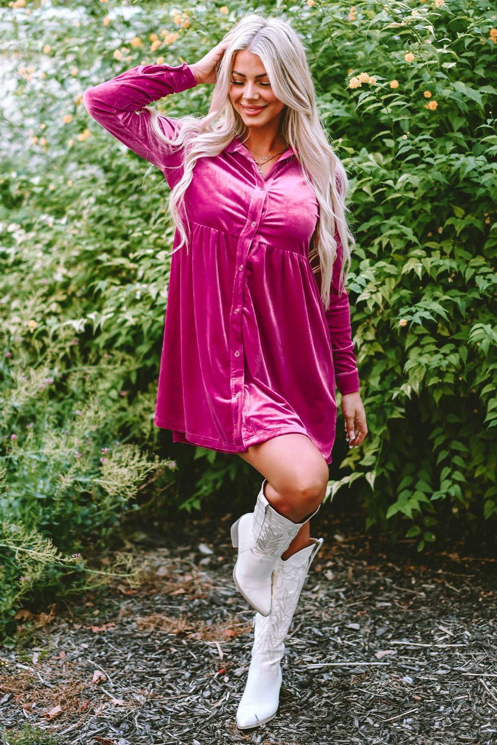 Velvet Ruffle Buttoned Long Sleeve Dress - Rooted & Reckless Co.