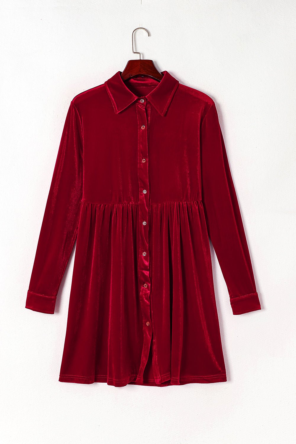 Velvet Ruffle Buttoned Long Sleeve Dress - Rooted & Reckless Co.