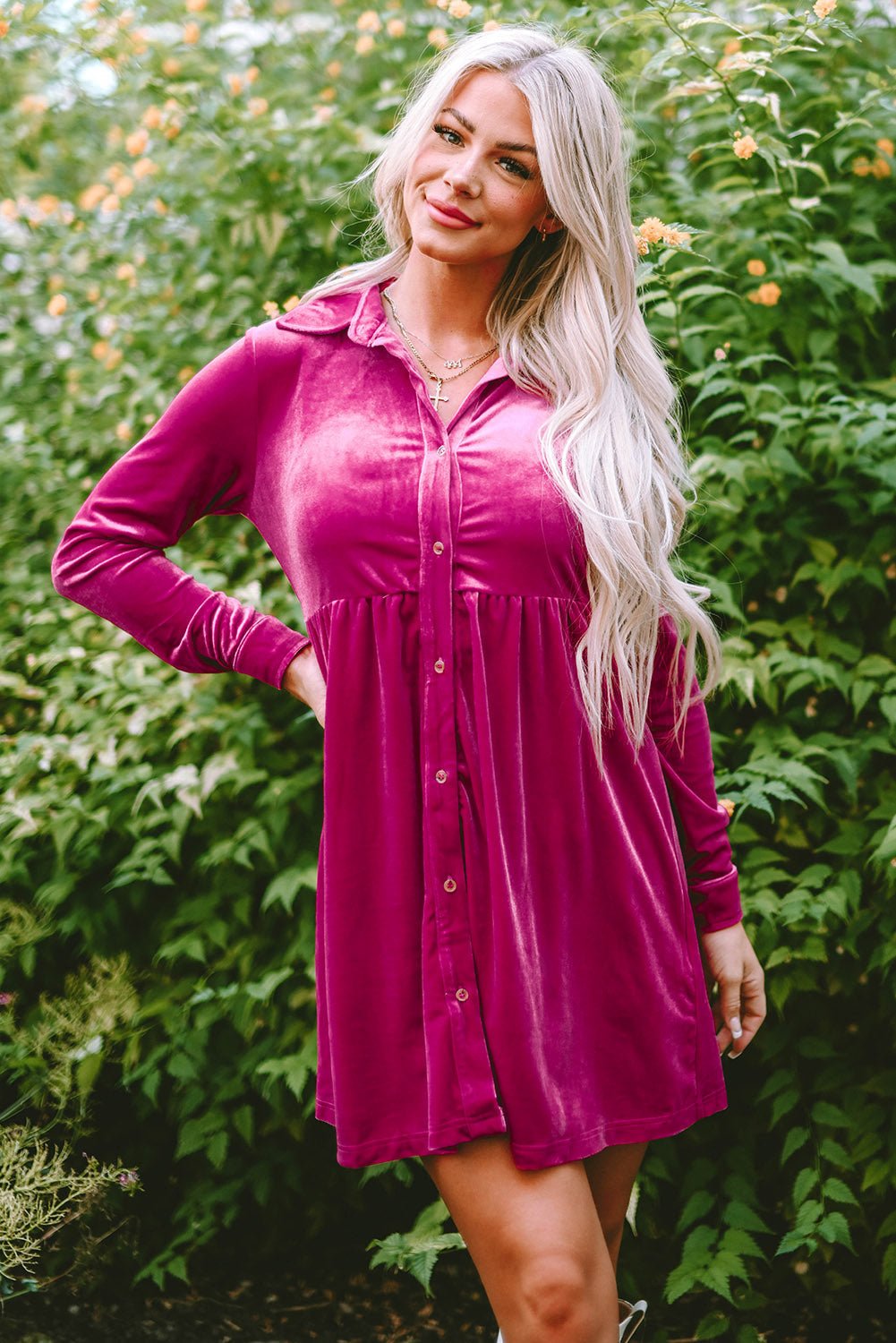 Velvet Ruffle Buttoned Long Sleeve Dress - Rooted & Reckless Co.