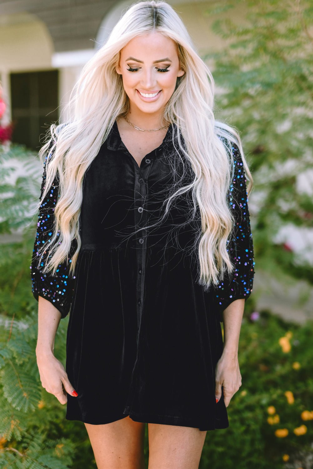 Velvet Sequin Puff Sleeve Buttoned Peplum Shirt - Rooted & Reckless Co.