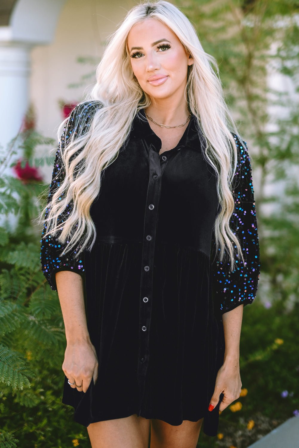 Velvet Sequin Puff Sleeve Buttoned Peplum Shirt - Rooted & Reckless Co.