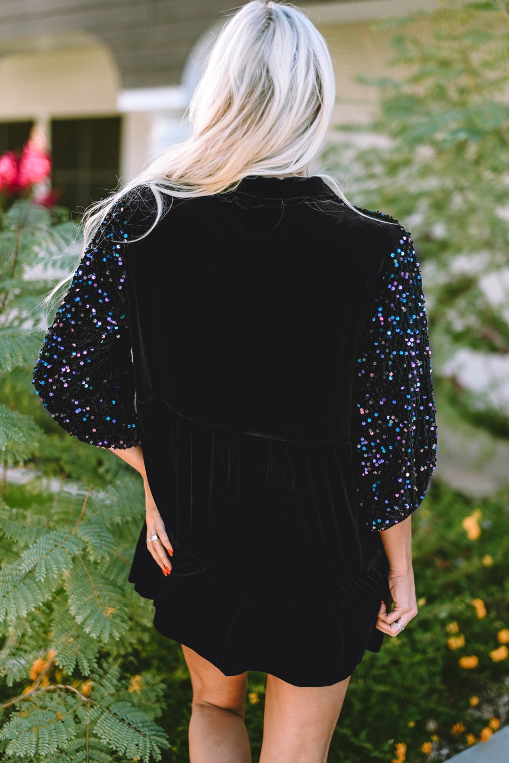 Velvet Sequin Puff Sleeve Buttoned Peplum Shirt - Rooted & Reckless Co.