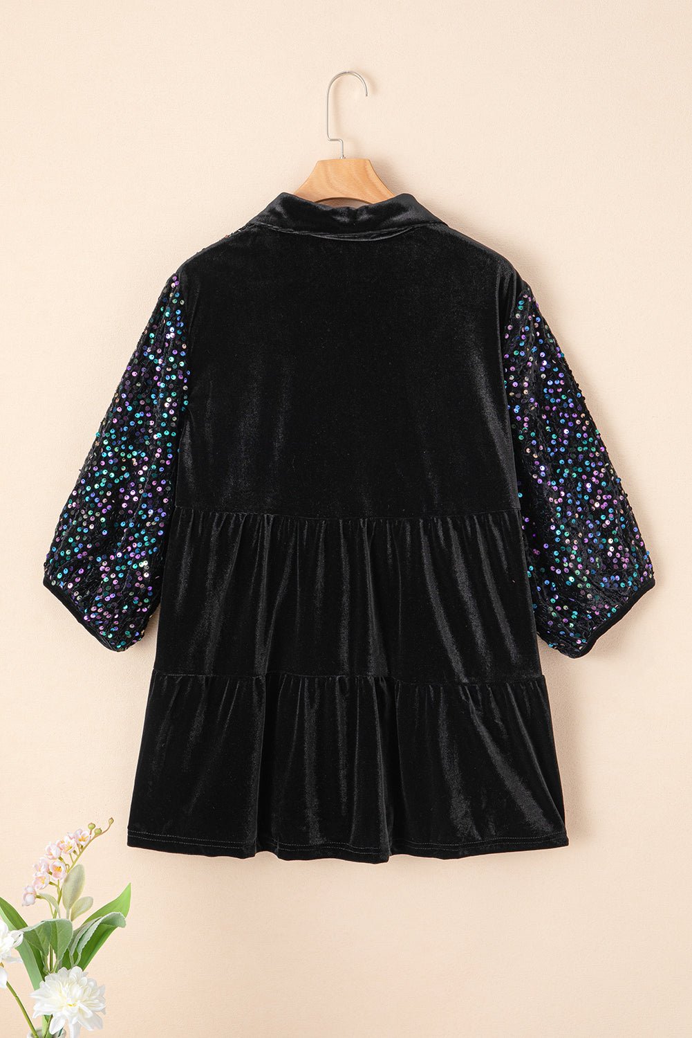 Velvet Sequin Puff Sleeve Buttoned Peplum Shirt - Rooted & Reckless Co.