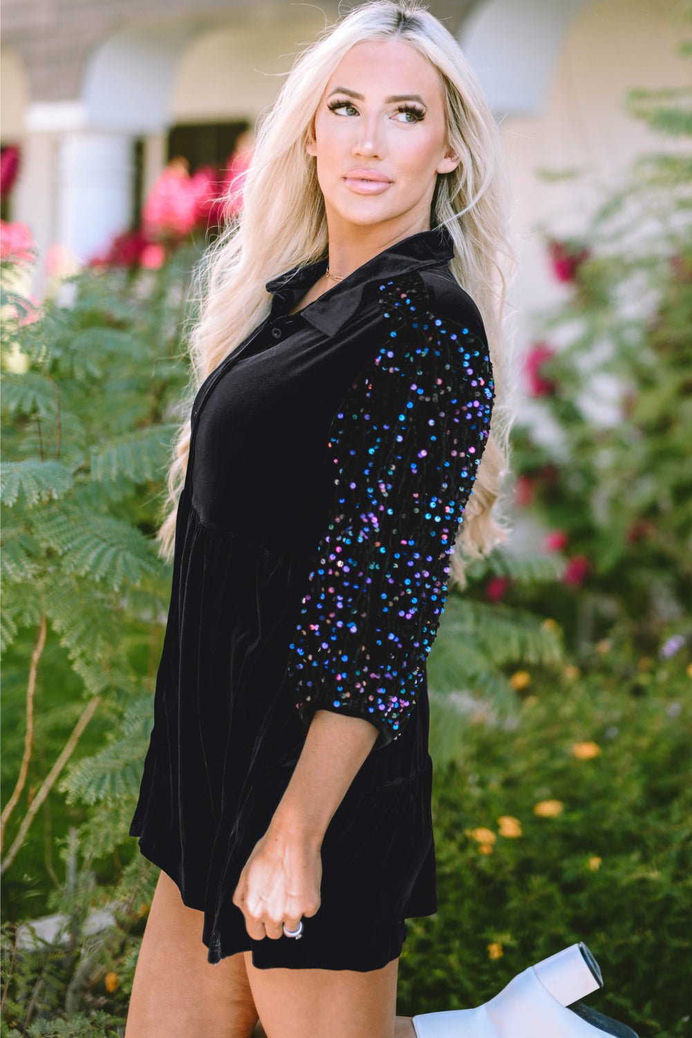 Velvet Sequin Puff Sleeve Buttoned Peplum Shirt - Rooted & Reckless Co.