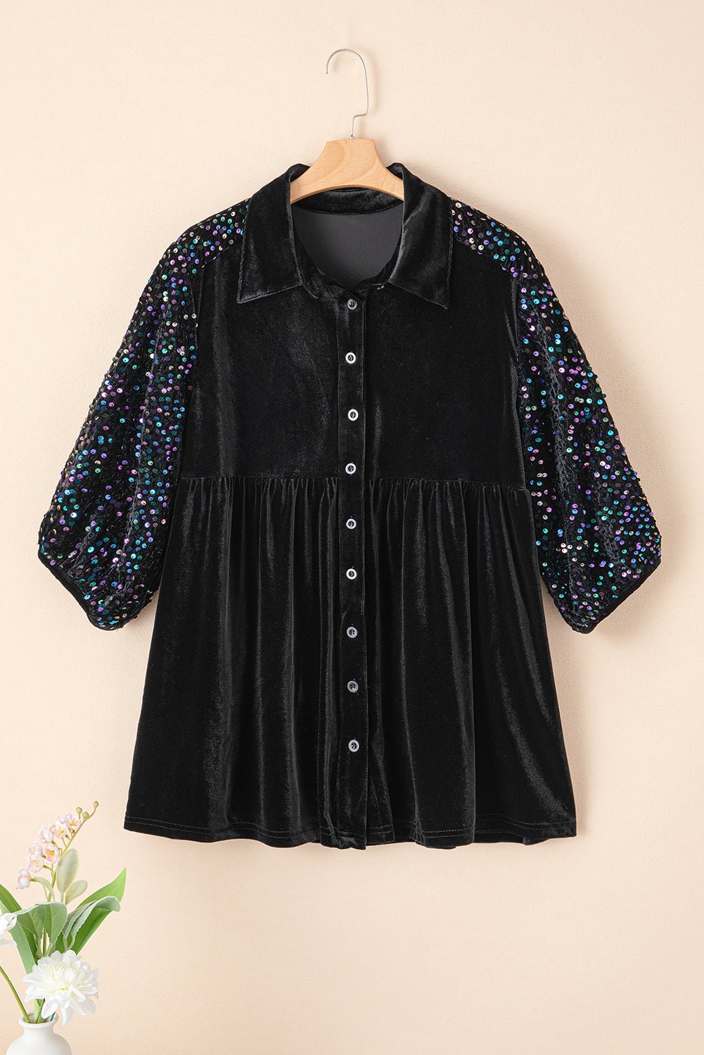 Velvet Sequin Puff Sleeve Buttoned Peplum Shirt - Rooted & Reckless Co.