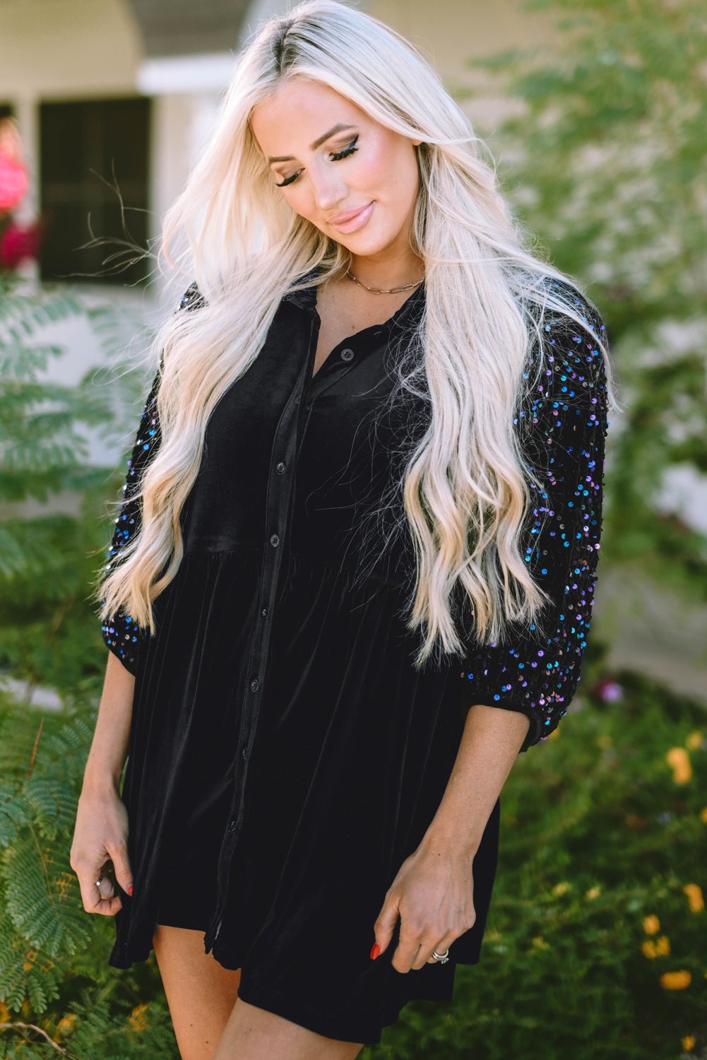Velvet Sequin Puff Sleeve Buttoned Peplum Shirt - Rooted & Reckless Co.