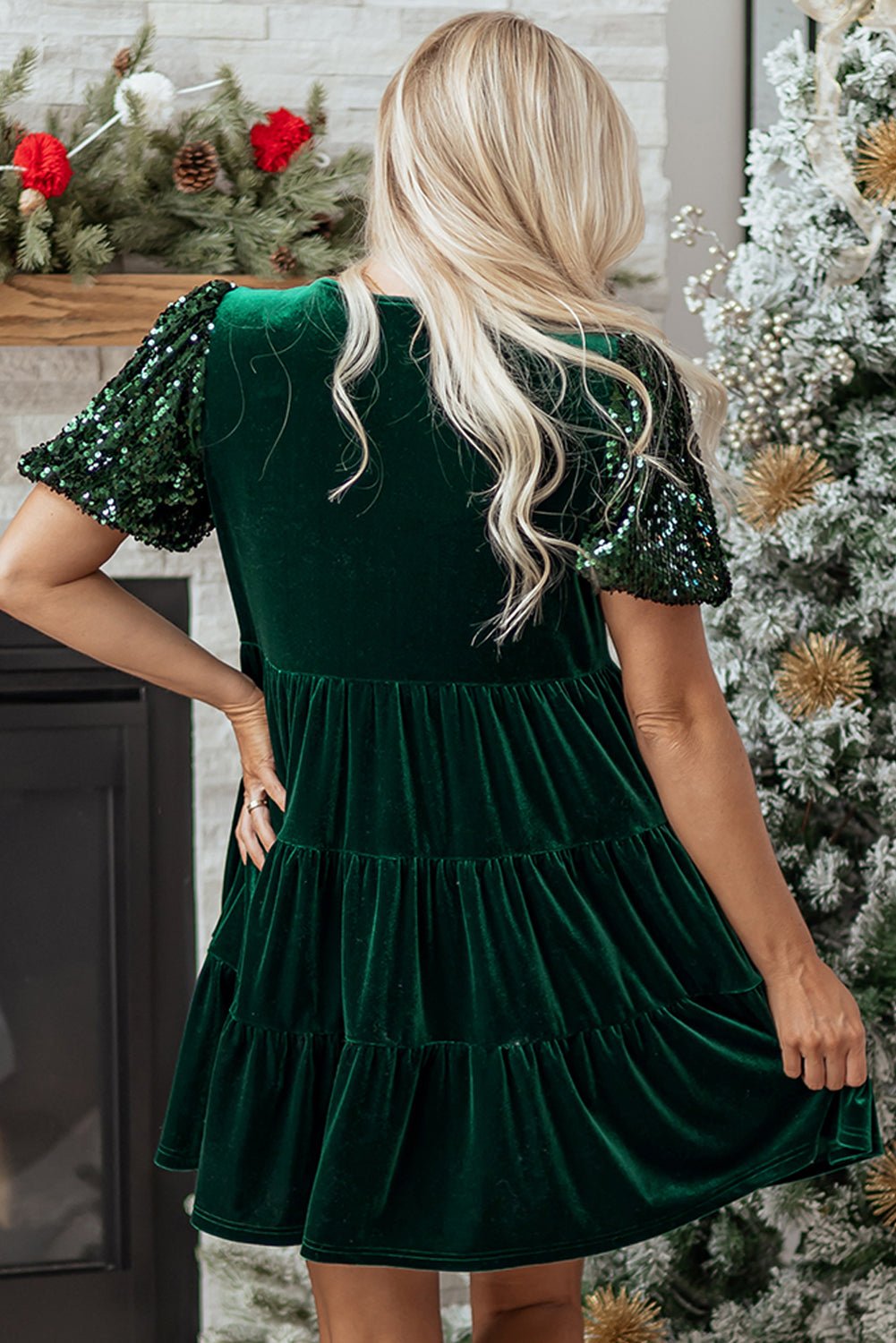 Velvet Sequin Puff Sleeve Tiered Mini Dress - Rooted & Reckless Co.