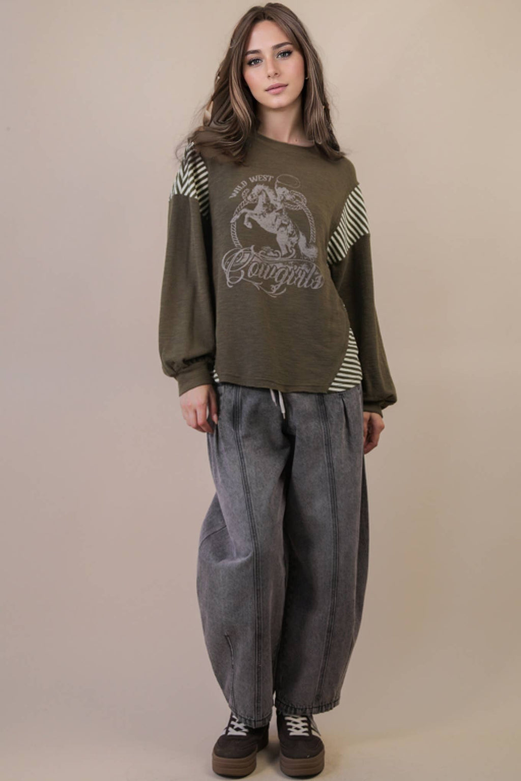 VERY J "Wild West Cowgirls" Western Graphic Knit Top — Oversized Mixed Media (Taupe or Olive) - Rooted & Reckless Co.