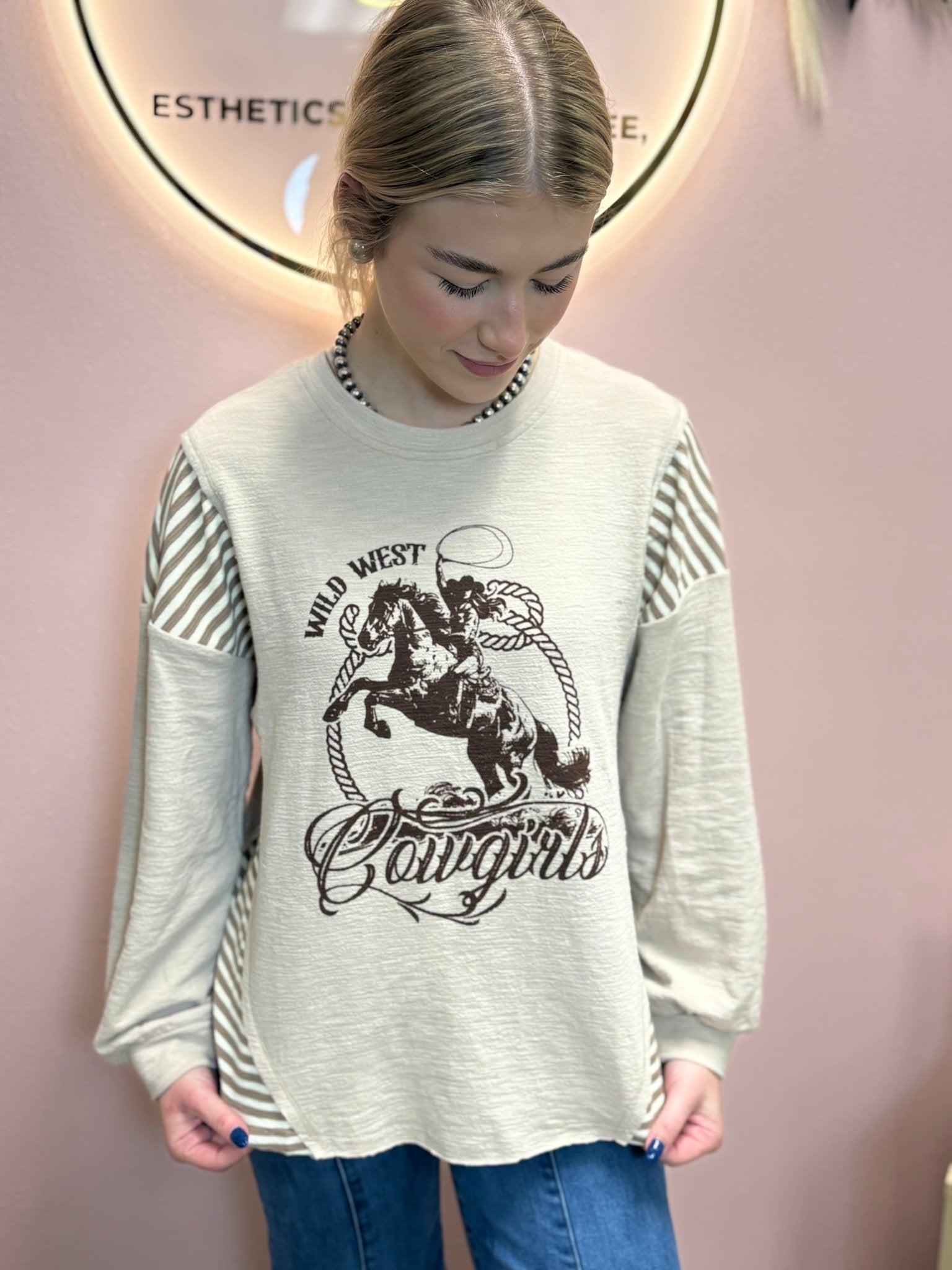 VERY J "Wild West Cowgirls" Western Graphic Knit Top — Oversized Mixed Media (Taupe or Olive) - Rooted & Reckless Co.